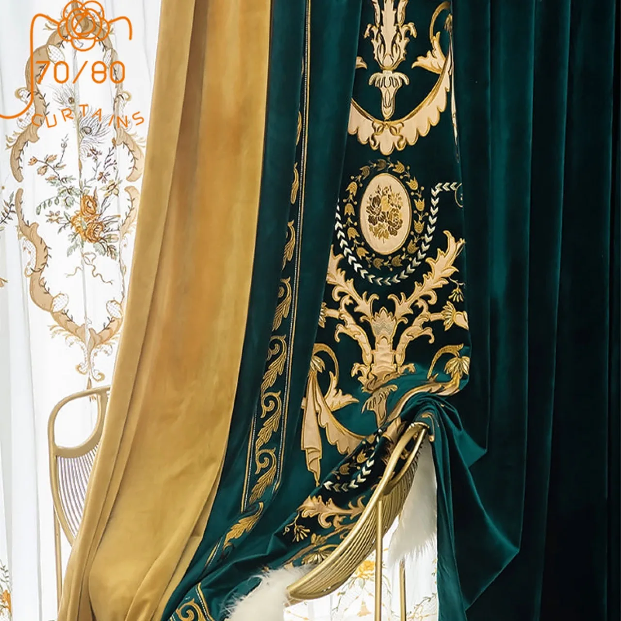 

European Thickened Dark Green Velvet Embroidered Window Curtains for Living Room Bedroom French Window Villa Customized Finished