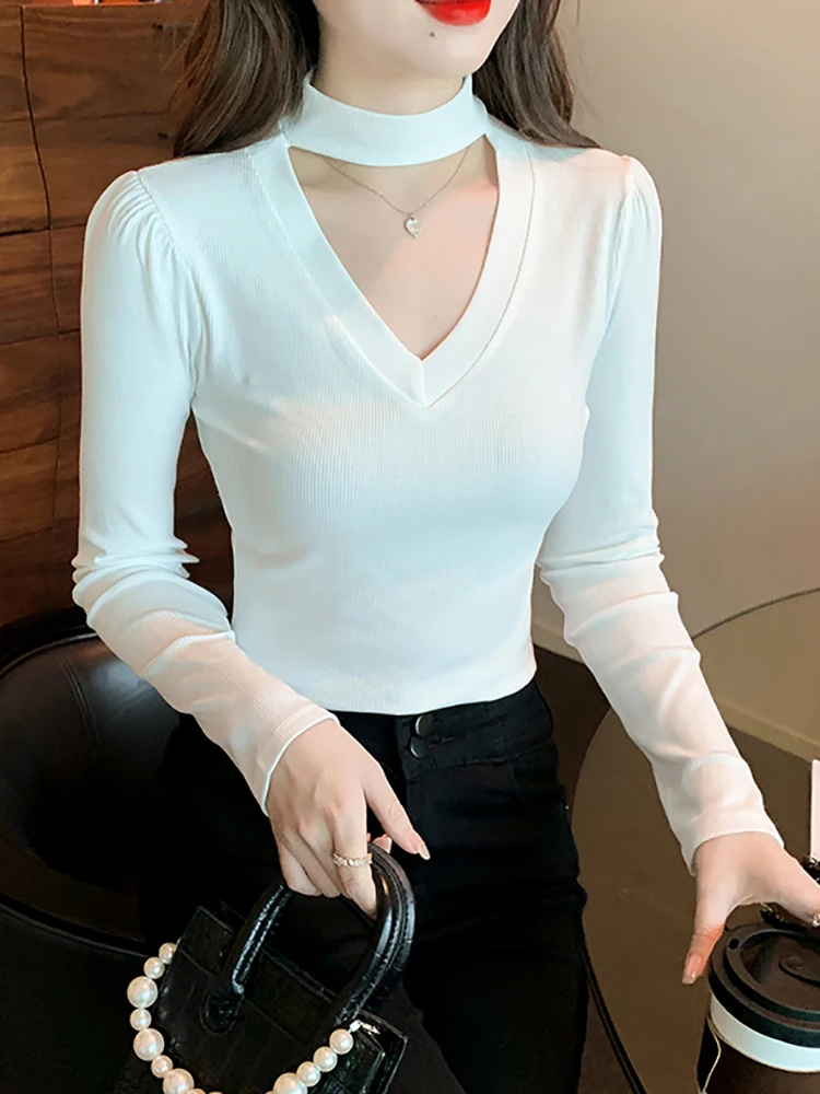 

AOSSVIAO Casual Basic Knitted Cotton T-Shirts Women Solid Tee Shirt Female V-Neck Autumn Cozzy Tops 2022 Harajuku Y2K Hollow Out