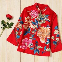 peony flower embroidery vintage tang suit jacket women long sleeve single breasted loose stand collar chinese style outerwear