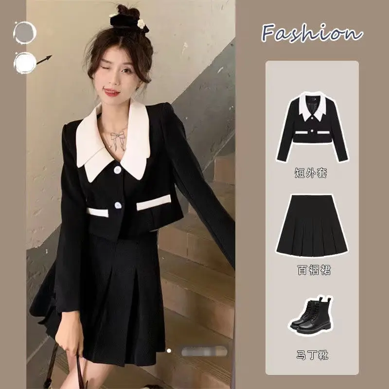 

High-end Lapel Short Jacket Women's All-match High-waist Pleated Skirt Two-piece Set Suit Office Lady Spring WOMEN‘'s Clothes’