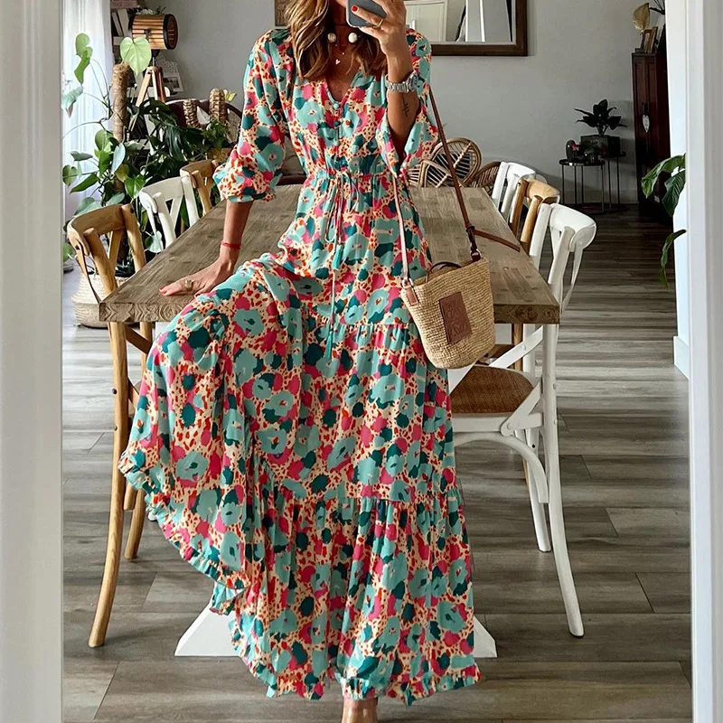 

Fashion V Neck Long Sleeve Printed Loose Midi Dresses Women's Elegant Women's Holiday Wear Women's Birthday Dresses