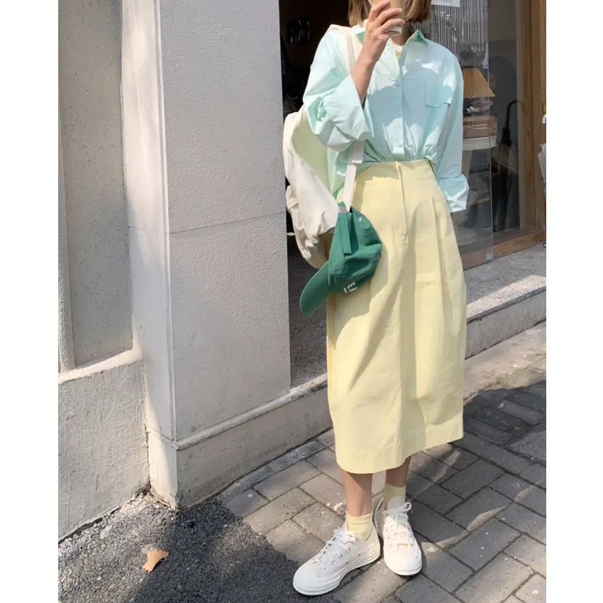 

2022 Spring Summer Women New 2 Piece Sets Female Loose Solid Color Casual Shirts + Split High Waist Skirts Ladies Suits R275