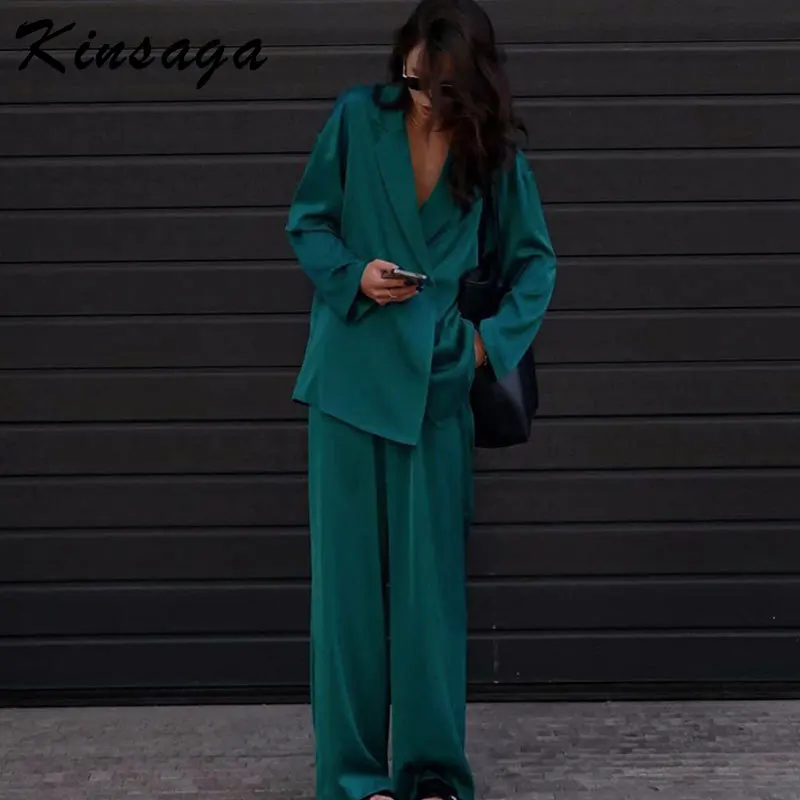 

Элегантные женские костюмы из блейзера, повседневные свободные зеленые двубортные офисные костюмы с длинным рукавом, модные атласные широ...