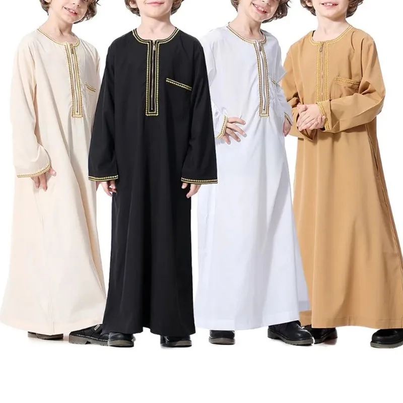 

Muslim Kids Boys Robe Arab Islamic Middle Eastern Teen Zipper Long Sleeve Robes Muslim Fashion Clothing for Kids