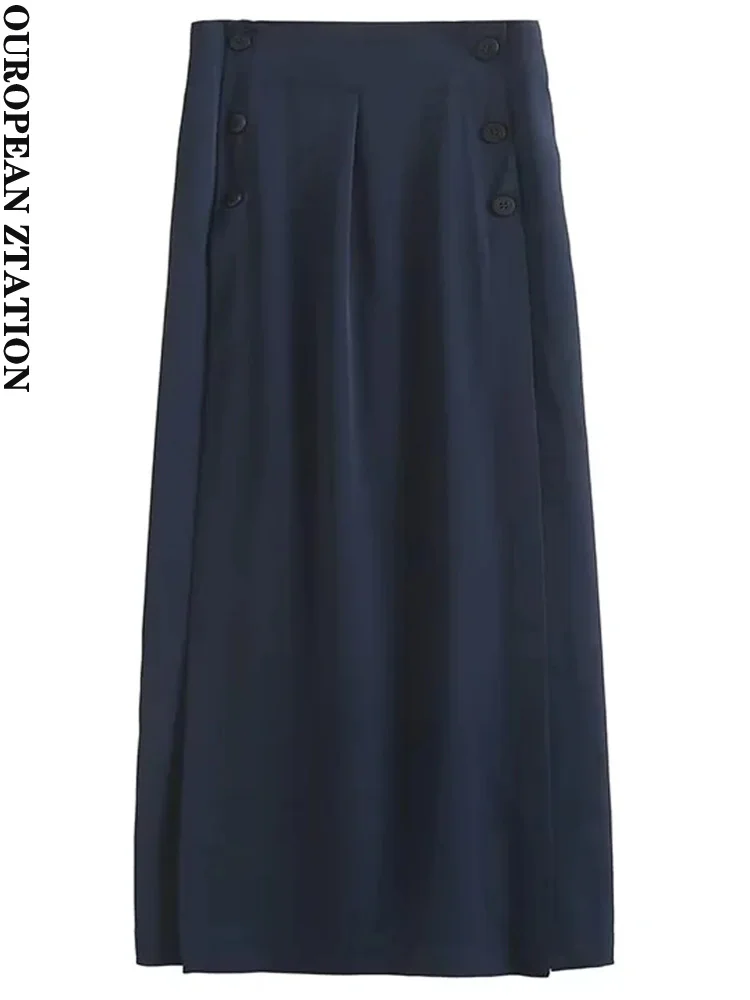 

PAILETE women 2022 fashion front button slit midi skirt vintage high waist back zipper female skirts mujer