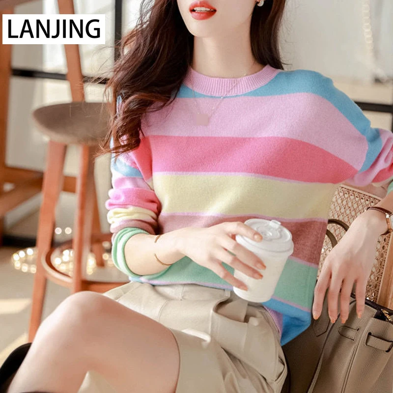 

Rainbow round neck pullover loose thin striped sweater women's 2021 new spring, autumn winter student Korean sweater