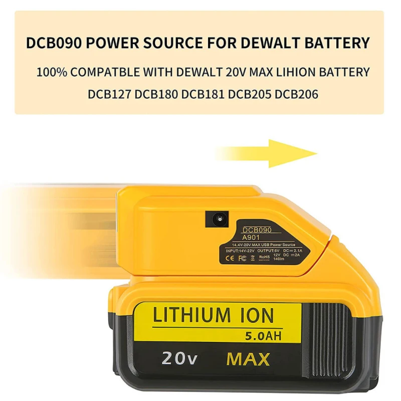 Фото Оригинальный сменный преобразователь источника питания DCB090 для Dewalt, 20 в, макс. 18 в, адаптер аккумулятора с двойным USB, 12 В постоянного тока, св... №3