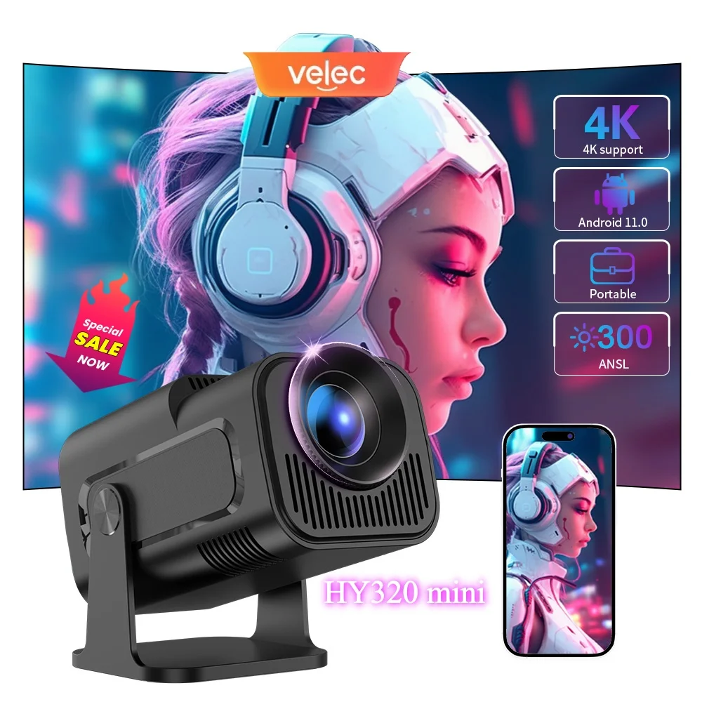 Фото Велек 300 Ansi HY320 Мини-проектор Обновление 4K Android 11 WiFi 6 BT 5.0 Allwinner H713 Домашний уличный портативный проектор для кемпинга №3