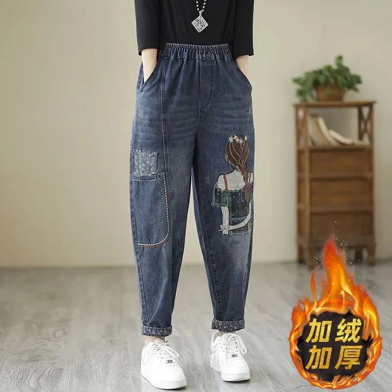 Женские джинсы с вышивкой утепленные ковбойские брюки в стиле ретро