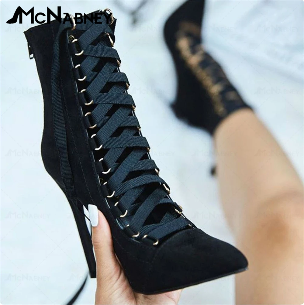 Modern Boots Mid Boots Cross Lace Up Boots Pointed Toe Stiletto Women Shoes Sexy Fashion Style Shoes for Ladies Dress Casual