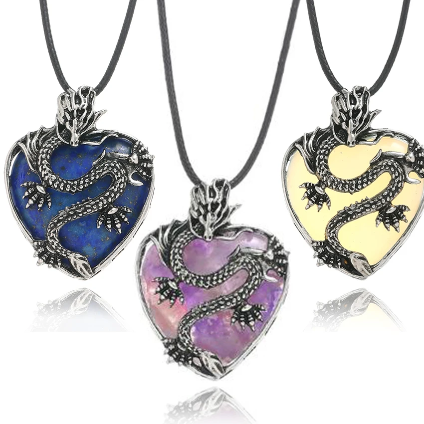 

XSM винтажное ожерелье с подвеской в виде дракона из натурального камня для мужчин и женщин ожерелье в форме сердца с аметистом розовым кварц...