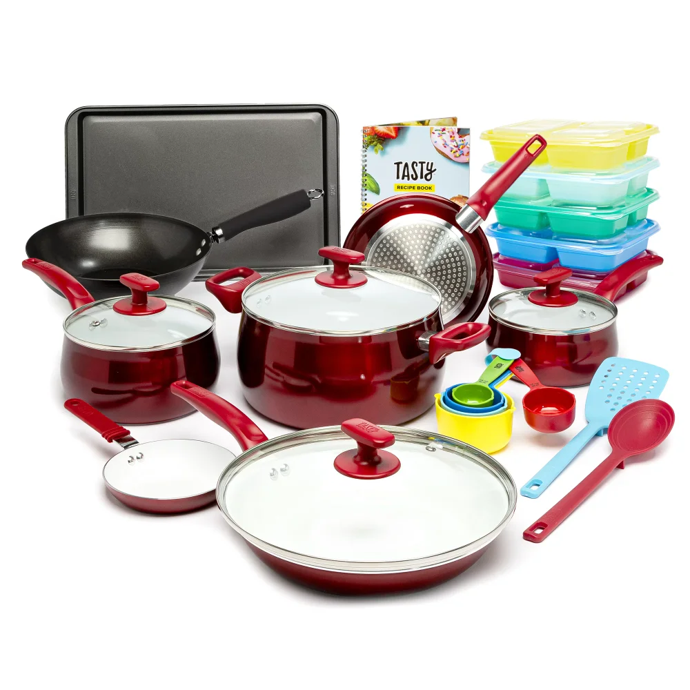 

24 Piece Titanium Ceramic Non-Stick Cookware Set, Dishwasher Safe, Red Pots, Pans and Utensils