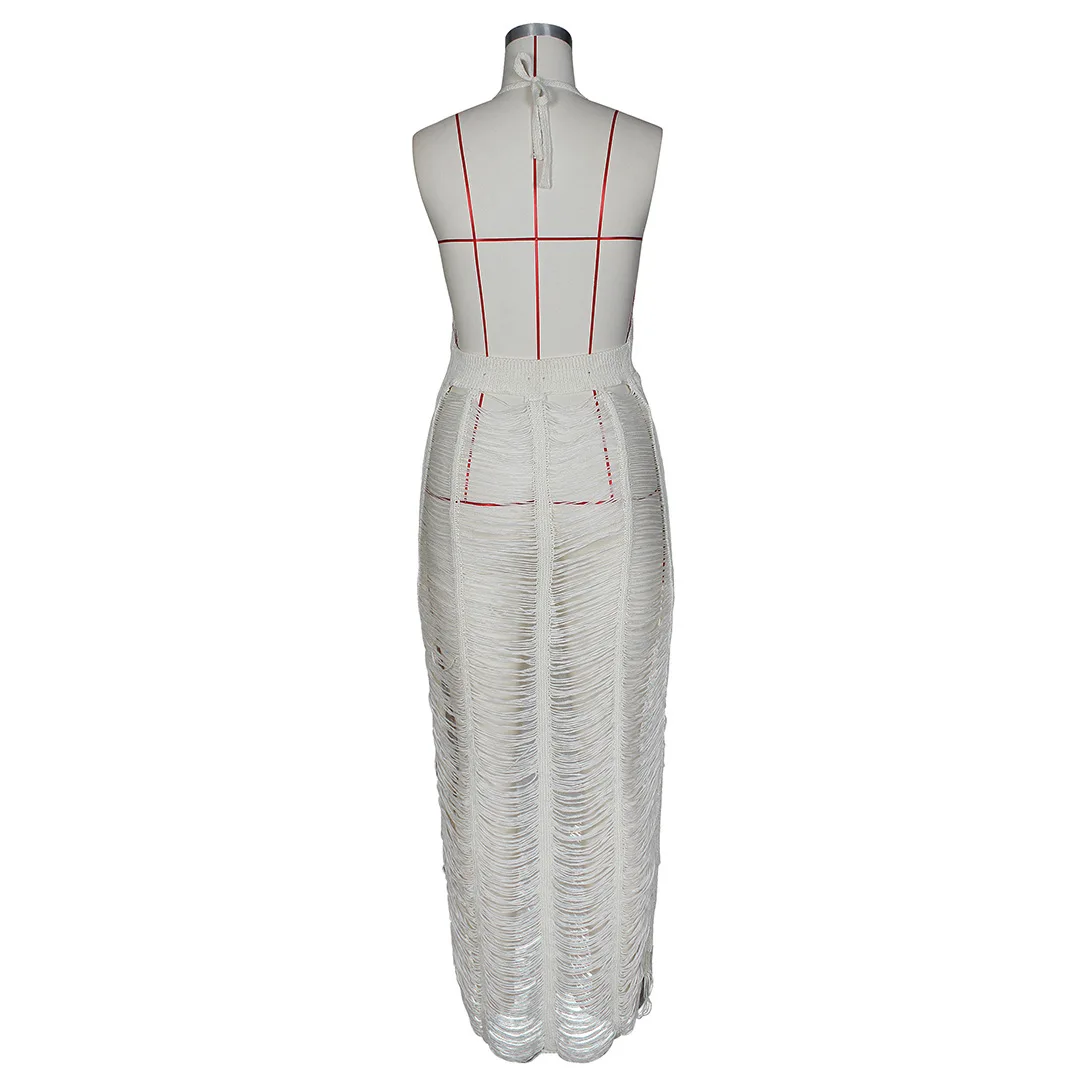 Женское ажурное пляжное платье DEKA белое вязаное с V-образным вырезом и открытой