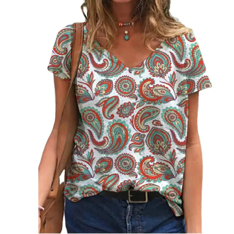 

2021 New Summer Women Plus Size T Shirt 3D Painting Abstract Short Tee Tops Casual V-Neck Street Ladies Cotton T Shirts Fashion