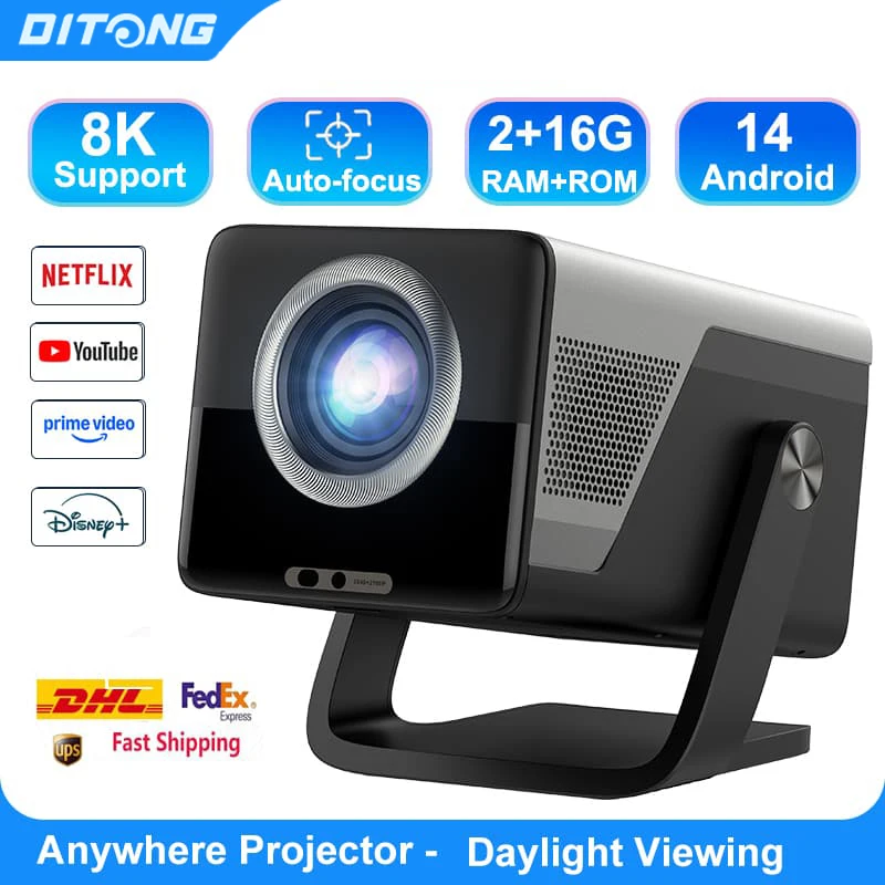 Фото Проектор DITONG 8K 1080P HD, 2000 ANSI люмен, Smart Android 14, WiFi 6, Bluetooth 5.4, со встроенным динамиком, для домашнего кинотеатра и улицы №1