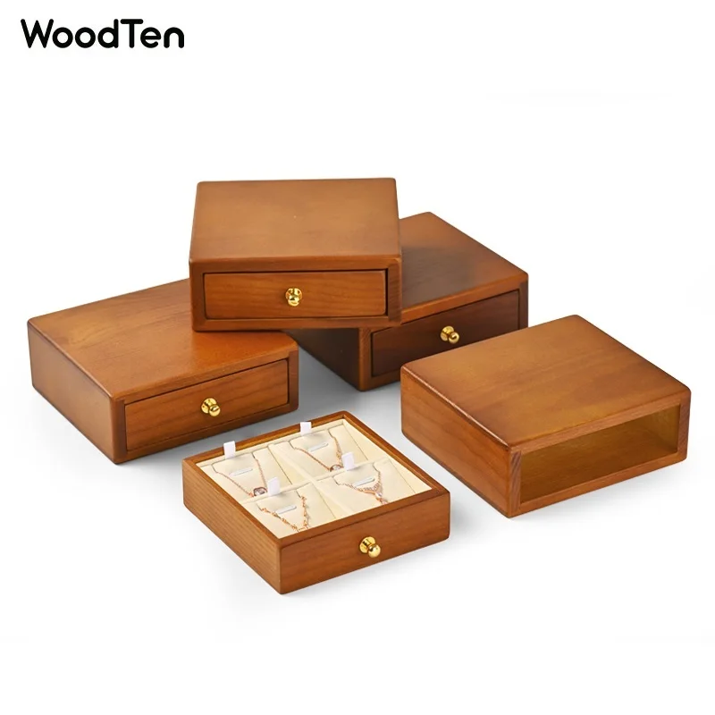 

WoodTen Solid Wooden Jewelry Display Case for Rings Pendent Bracelet Beige Jewelry Display Organizer With Drawer Box Ring Box