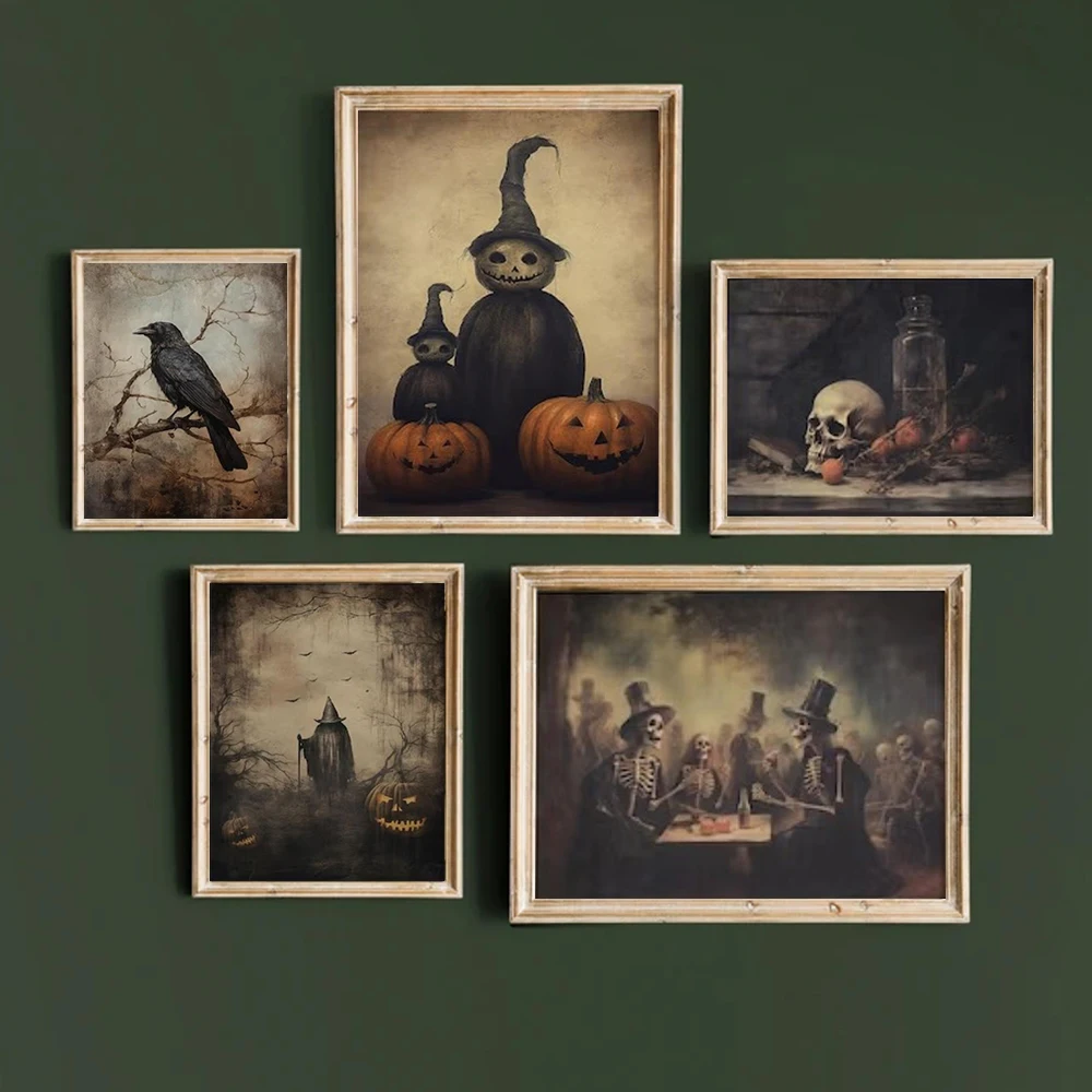 

Dark Academia Art Vintage Jack O'Lantern Poster Prints For Living Room Home Decor Gothic Skull Raven Canvas Painting Wall Art