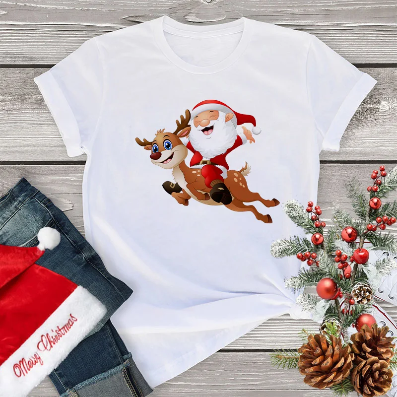 

Christmas Santa Claus T-shirt Summer Print Female T-shirts Harajuku Graphic T Shirt Round Neck Short Sleeve Top Casual Tee