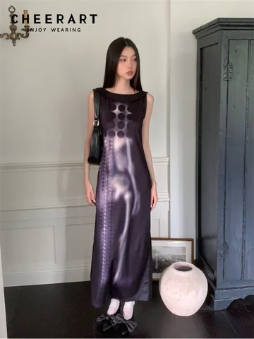 CHEERART X-Ray Cyber Y2k модное платье без рукавов для женщин 2023 черное платье средней длины с вырезом лодочкой и принтом модная одежда
