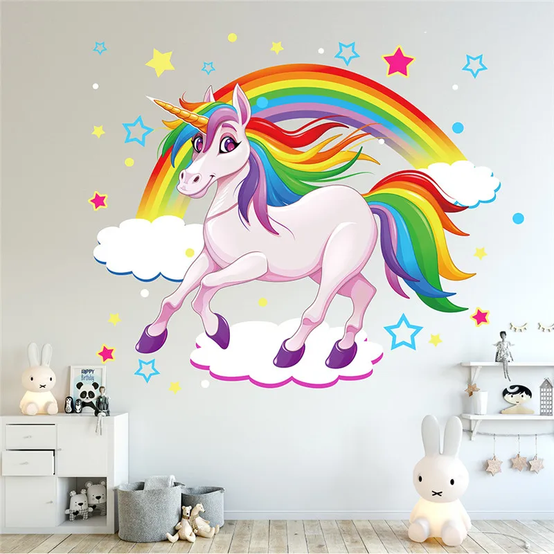 Rainbow & Unicorn Running On Clouds Wall stickers Room Decoration Art Vinyls Decals Children Kids Living Bedroom Home Mural | Дом и сад