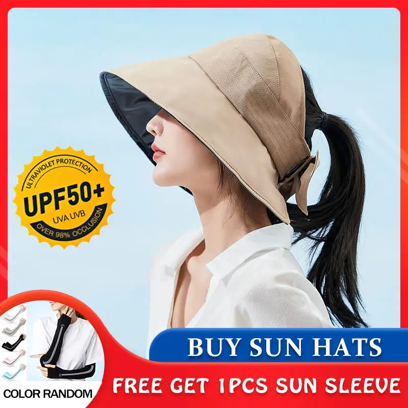 

[PTAH] Empty Top Hats Women Summer Caps Adjustable Sun Hat ladies Sunscreen Cap Outdoor Large Wide Brim UV Protection Hats Beach