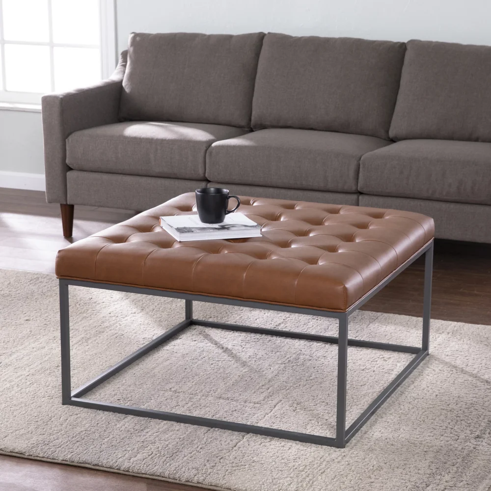 

SEI Ciiaro Contemporary Faux Leather and Metal Ottoman Coffee Table, Brown/Gray