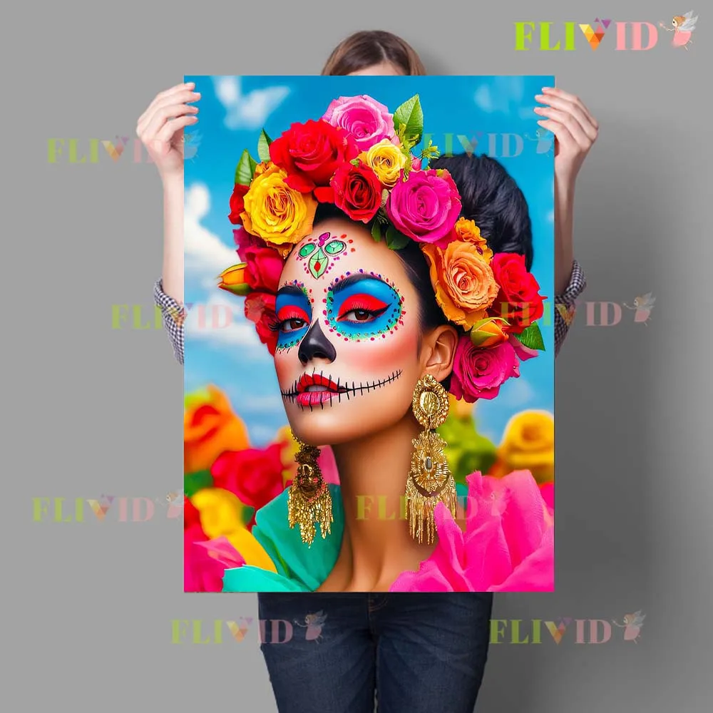 Мексиканский день мертвых цветы призрак лицо девушка женщина плакат настенная