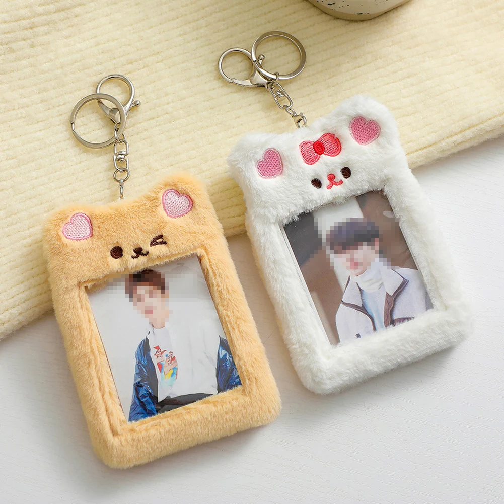 

Cute Kawaii Plush Photocard Holder Rabbit Bear Cat Kpop Idol Photo Card Holder Girl Keychain ID Credit Bank Protector Stationery