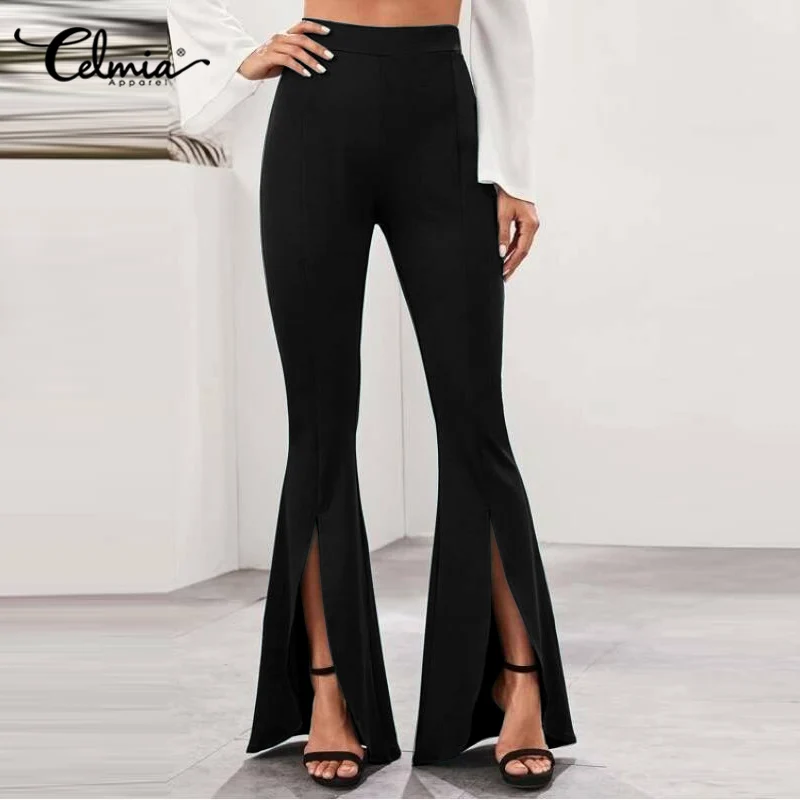 

Celmia Elegant Flared Trousers 2022 Fashion Ladies High Waist Bell-bottoms Skinny Solid Slit Women Long Pants Office Streetwear