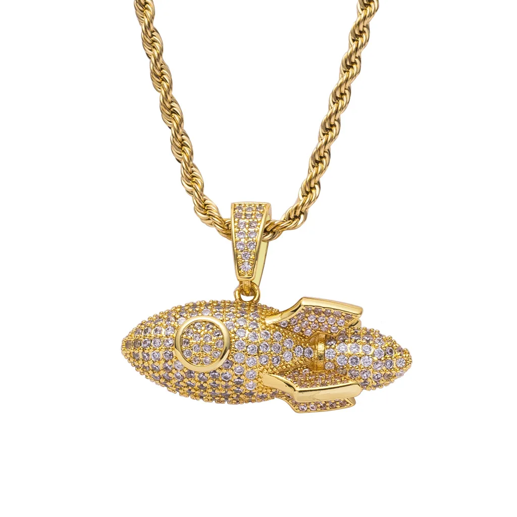 

Trendy Fashion Rocket Hip Hop Gilded Iced Out Cubic Zircon Pendant Necklace 24'' Chain Charms Bling Jewelry Accessories Gift