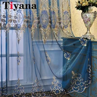 european gold embroidery luxurious blue sheer tulle curtain for living room bedroom tulle window panels kitchen balcony drapes z