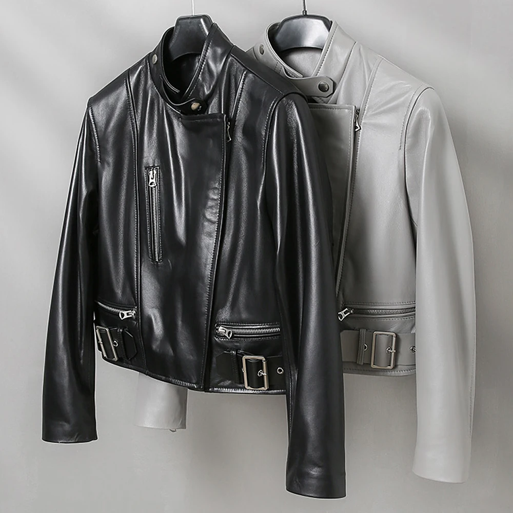 2022 New Lady Leather Jackets Biker Genuine Sheepskin Leather Short Coat Zipper Solid Fashion Windproof Motorcycle Outwear 3566