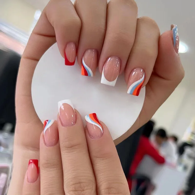 

24Pcs Square Head Fake Nails Press on Detachable French Multicolored Ripple Design False Nails Short Ballet Full Cover Nail Tips
