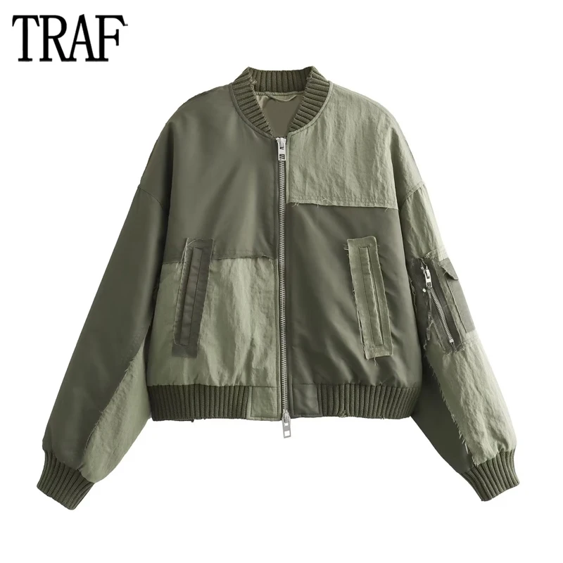 

TRAF Patchwork Bomber Jacket Women Zip Oversize Jacket Woman 2023 Long Sleeve Cropped Jackets for Women Autumn Ripped Coats