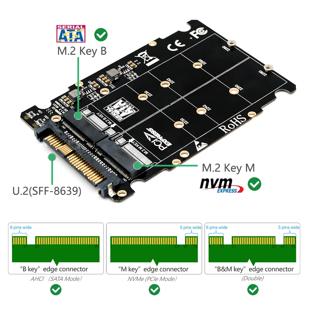 

Переходник M.2 SSD/U.2, PCI, 2 в 1, NVMe и SATA, NGFF, SFF-8639, для настольных компьютеров