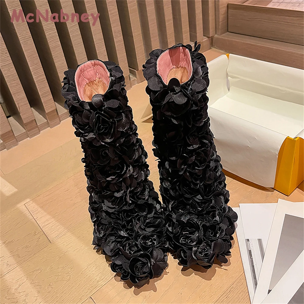 New Style Sexy High Heels Ankle Boots Women Stiletto Boots Autumn Winter Wedding Shoes Red Rose Flower Female Pointed Toe Boots