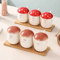 4PCS Ceramic Mushroom Seasoning Jar Set Cute Sugar Salt Pepper Jar With Lid & Wood Tray Home Kitchen Food Storage Box Container