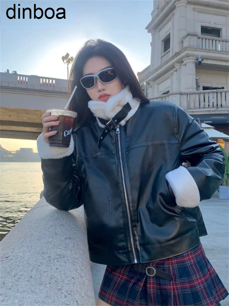 

Dinboa-faux Fur Coat Women Fall Winter 2022 New Loose Thicken Warm Zippers Casual Streetwear Locomotive Vintage Coat Women Tops