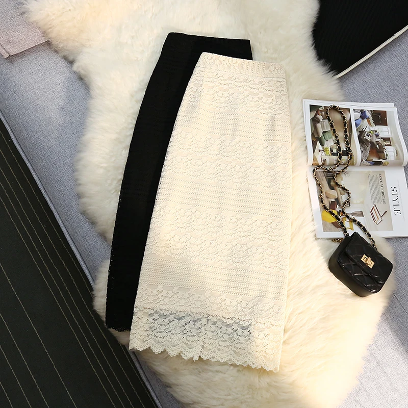 

Wisher&Tong Lace Skirt Hight Waist A-line Korean Style Back Split White Skirt Chic Office Midi Skirts 2022 Summer Jupe Femme