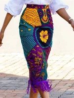tassel skirt for women fringe print vintage floral african fashion high waist classy modest elegant party retro skirts 2022 new