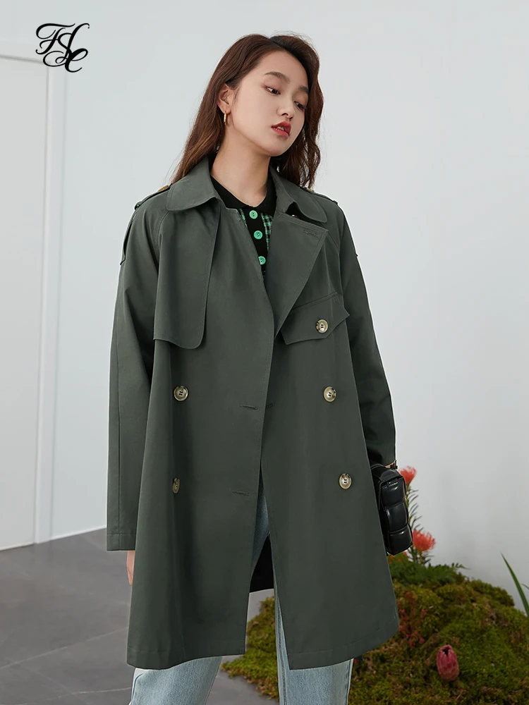 

FSLE Double Breasted Khaki Trench Coat Women Belt Elegant Green Long Spring Coat Female Oversized Windbreaker Jacket 2021