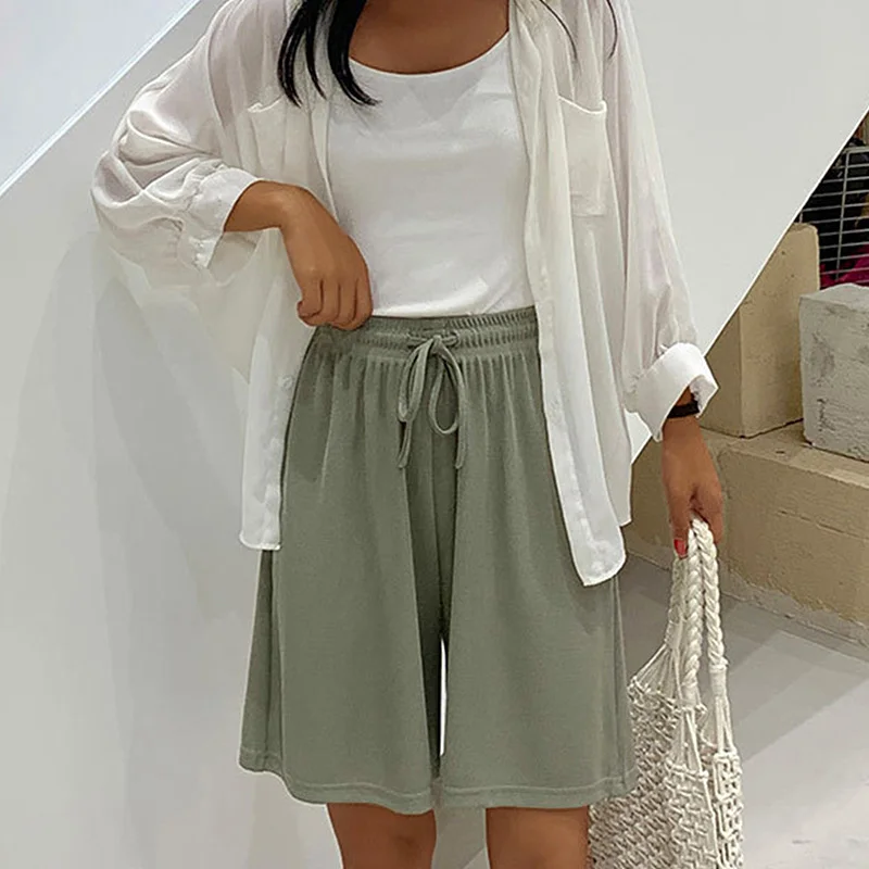 Women Soft High Waist Ice Silk Shorts Wide Leg Elastic Thin Solid Color Casual Loose Cool Summer Fivepoint Straight Outdoor Home