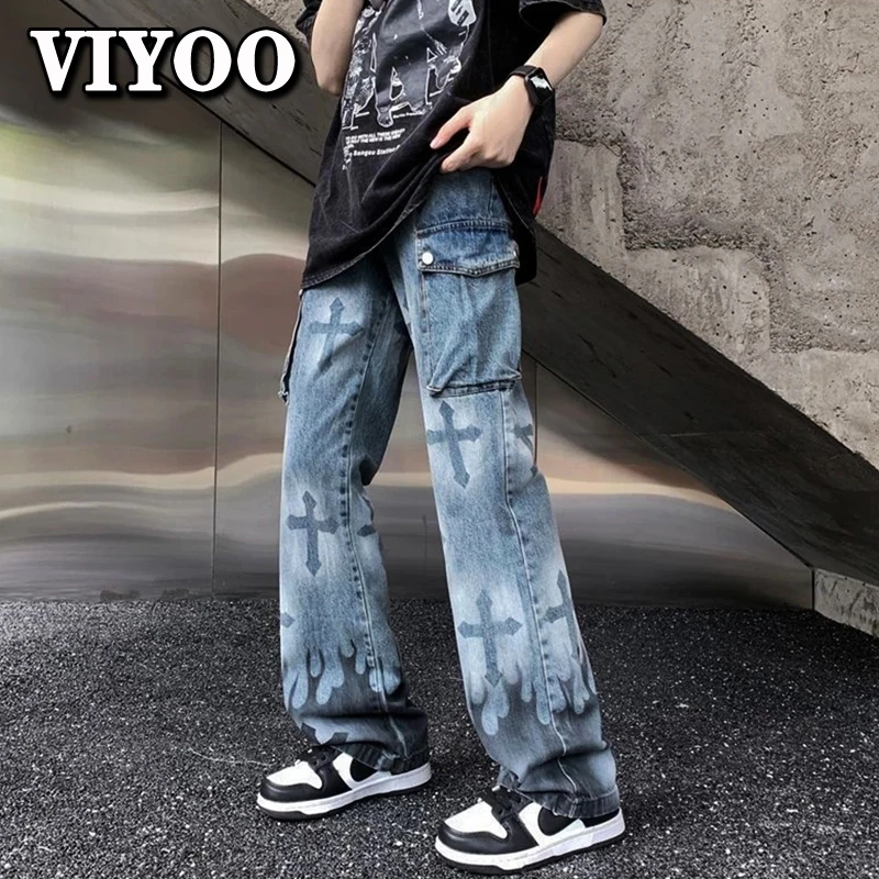Cross High Street Men's Summer Fashion Clothing Baggy Y2K Jeans Man Wide Leg Trousers Mopping Jogging Pants For Men Streetwear