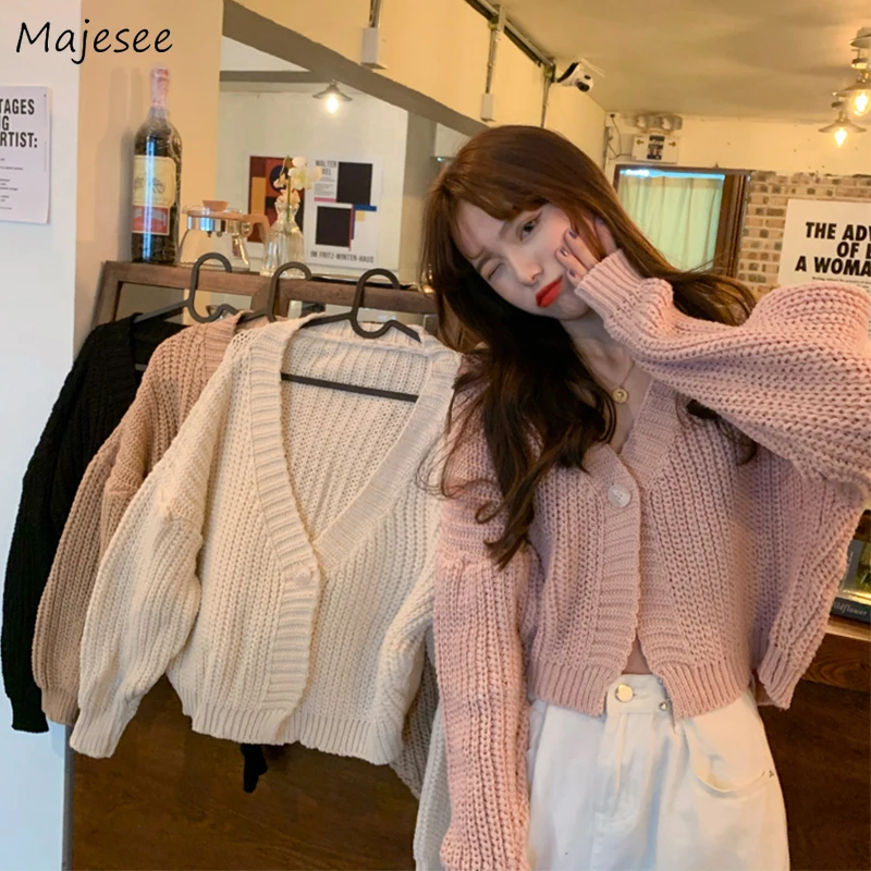 

Cropped Cardigan Women Spring Solid Simple Loose Soft Sweet Leisure All-match V-neck Fashion Vacation Korean Style Chic Popular