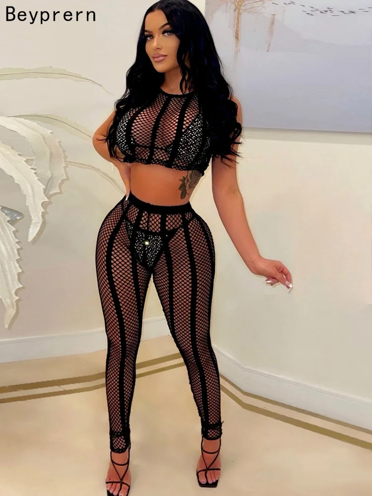 

Beyprern New Chic Crystal Bikini Set And Matching Leggings Set Glam Womens Fishnet Cover-Up Pant Set 4 Piece Summer Outfits