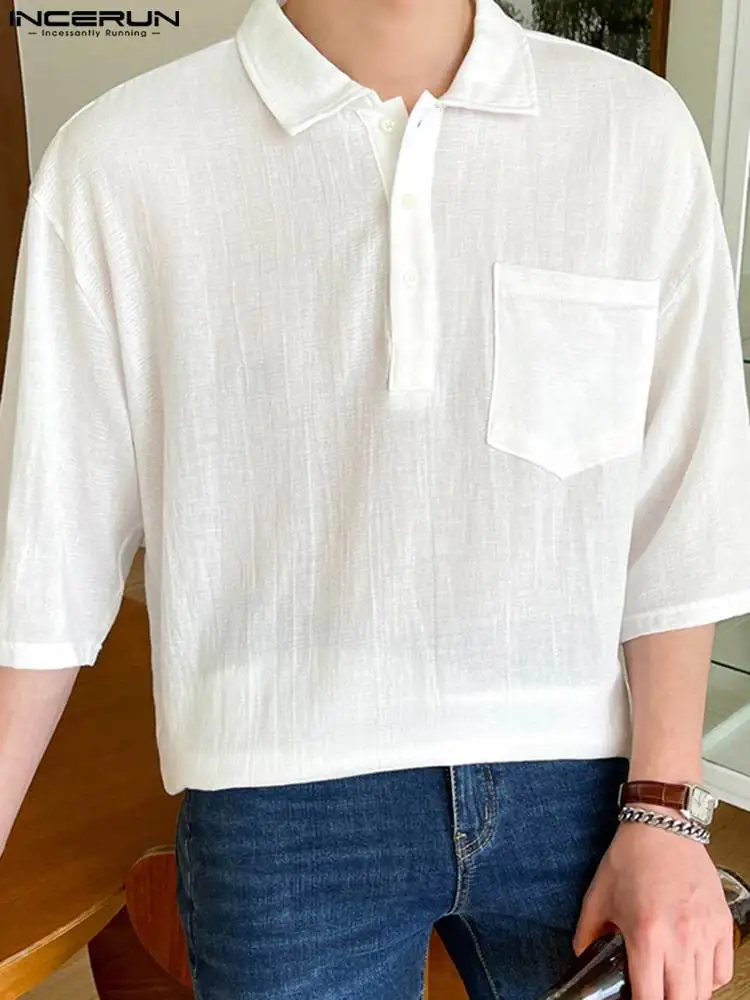 

INCERUN 2022 Men Casual Shirt Cotton Solid Color Lapel Half Sleeve Leisure Men Clothing Pockets Loose Streetwear Korean Shirts