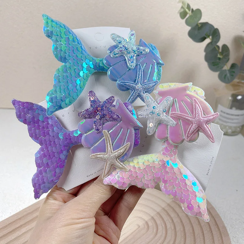 Детские заколки для волос Русалка с блестками хвостом морскими звездами