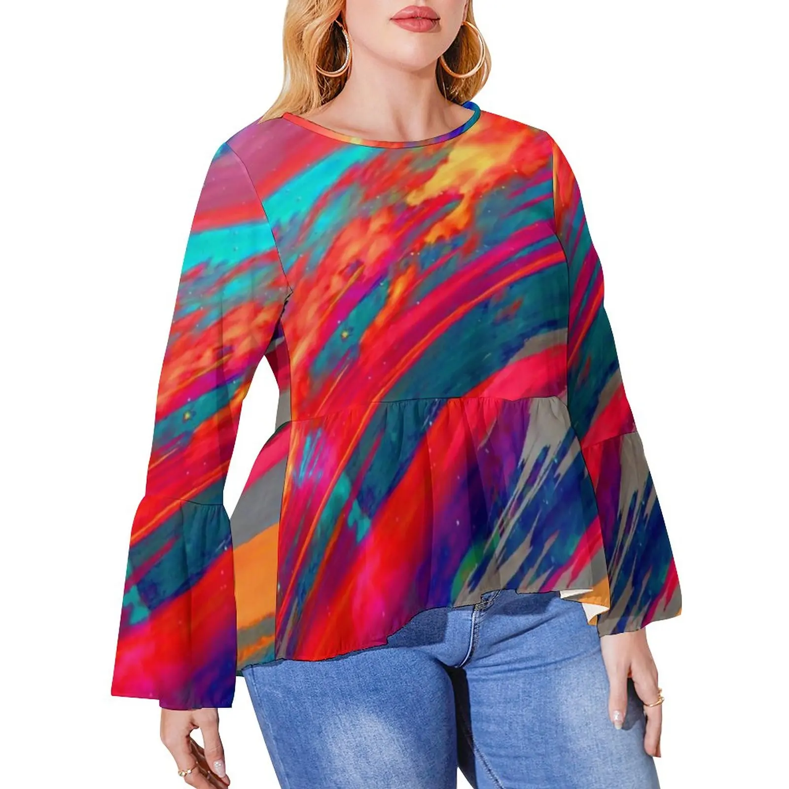 

Abstract Sunset T Shirts Trippy Nebula Print Pretty T Shirt Women Long Sleeve Casual Tops Pattern Clothes Plus Size 6XL