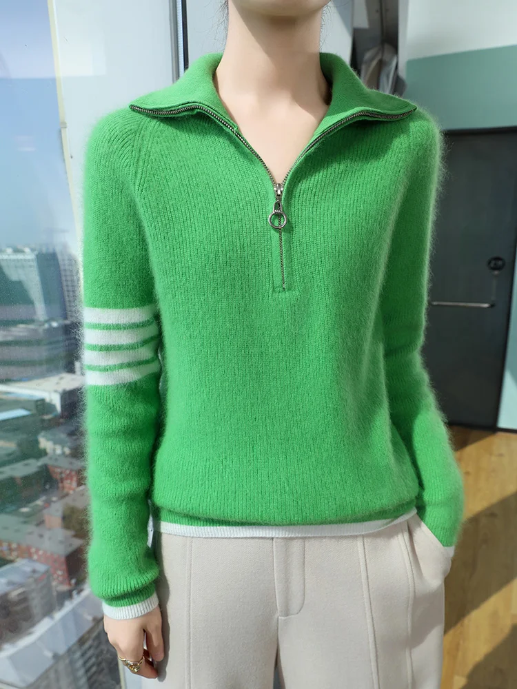 100% чистый норковый кашемировый свитер на молнии женский вязаный пуловер с