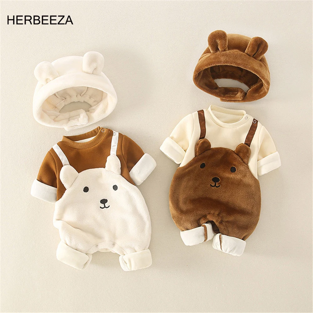 Winter Warm Baby's Rompers Cartoon Bear Baby Boy Hooded Clothes Newborns Jumpsuit For Kids Boys Fleece Clothing 0-12Month